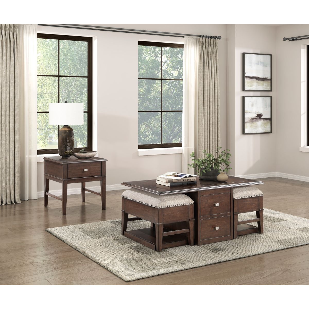 Claremore - Cocktail Table With Two Ottomans - Beige