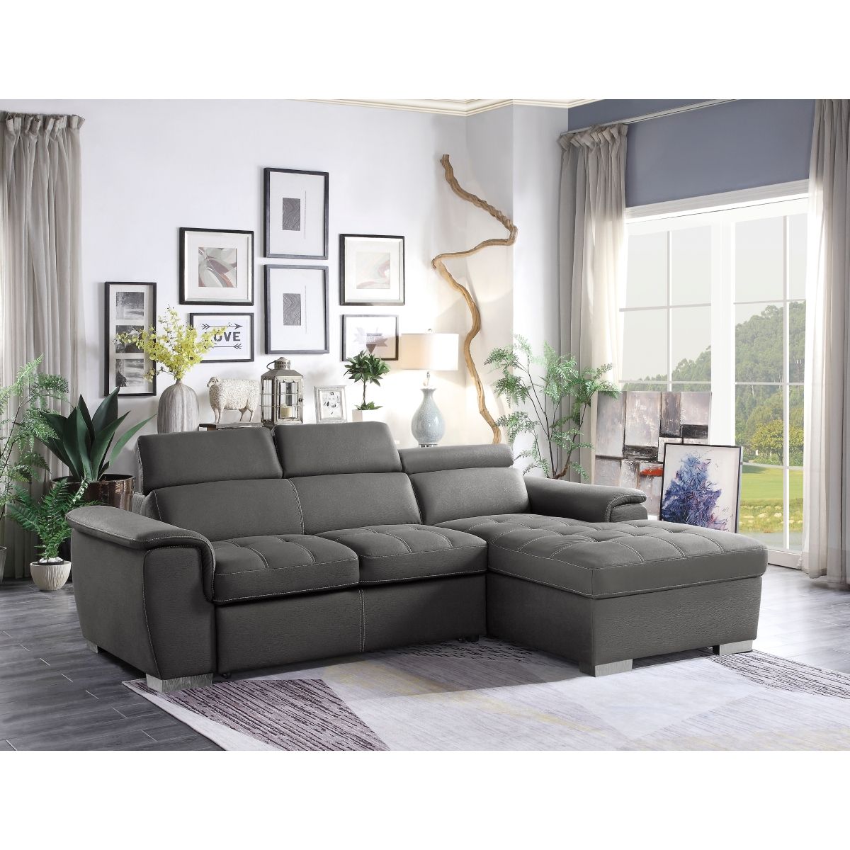 Ferriday - 2 Piece Sectional With Adjustable Headrests, Pull-Out Bed And Right Chaise With Hidden Storage