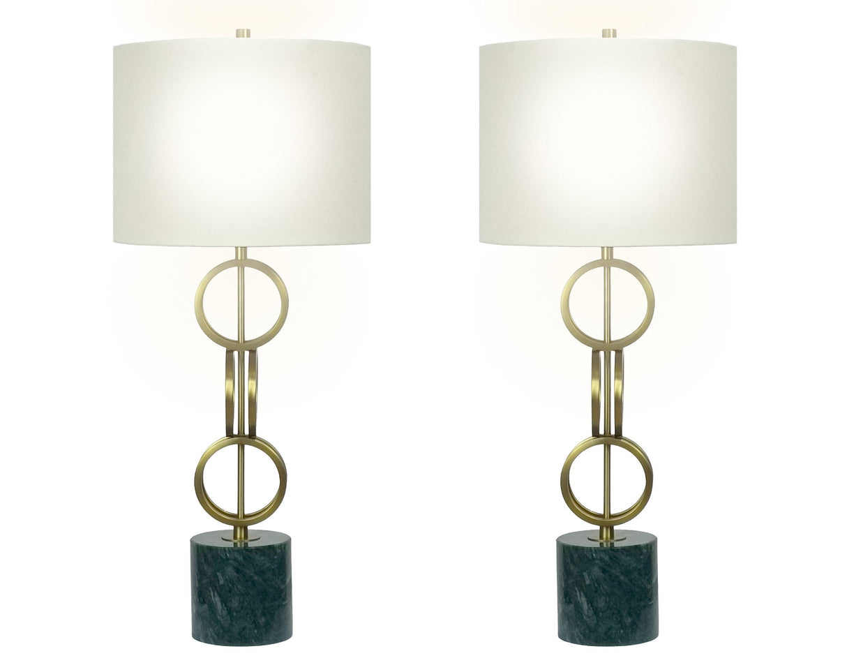 "Marble Harmony" Metal Table Lamp On Marble Base (Set of 2) - Green Marble / Matte Golden Bronze