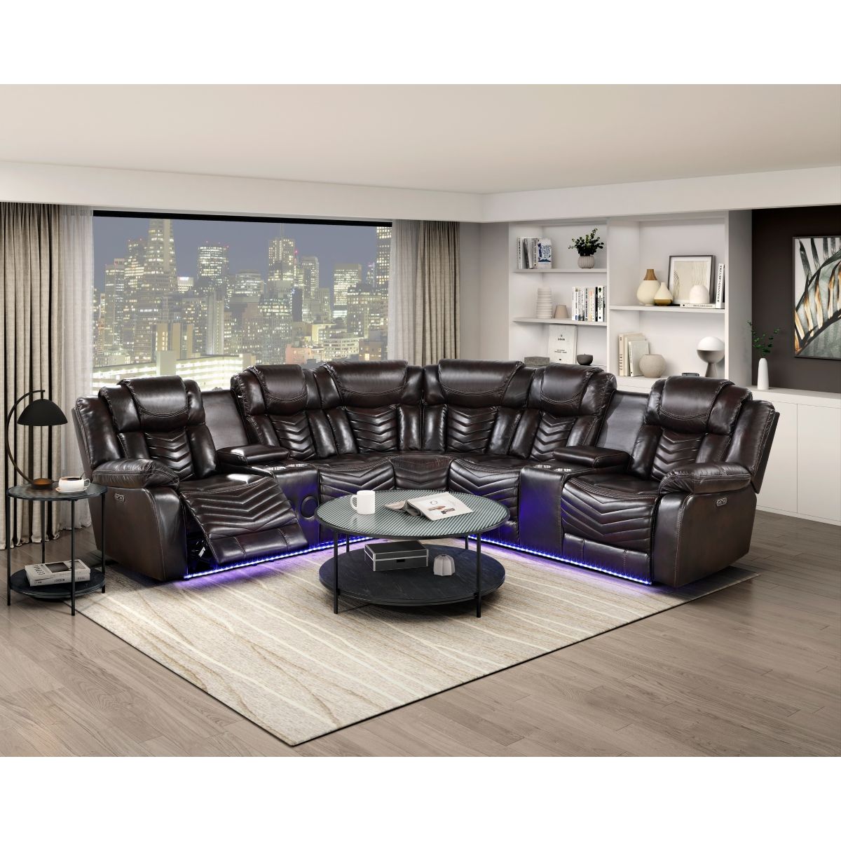Ramone - 3 Piece Power Reclining Sectional With Consoles, Speakers, Subwoofer And LED Lighting - Brown