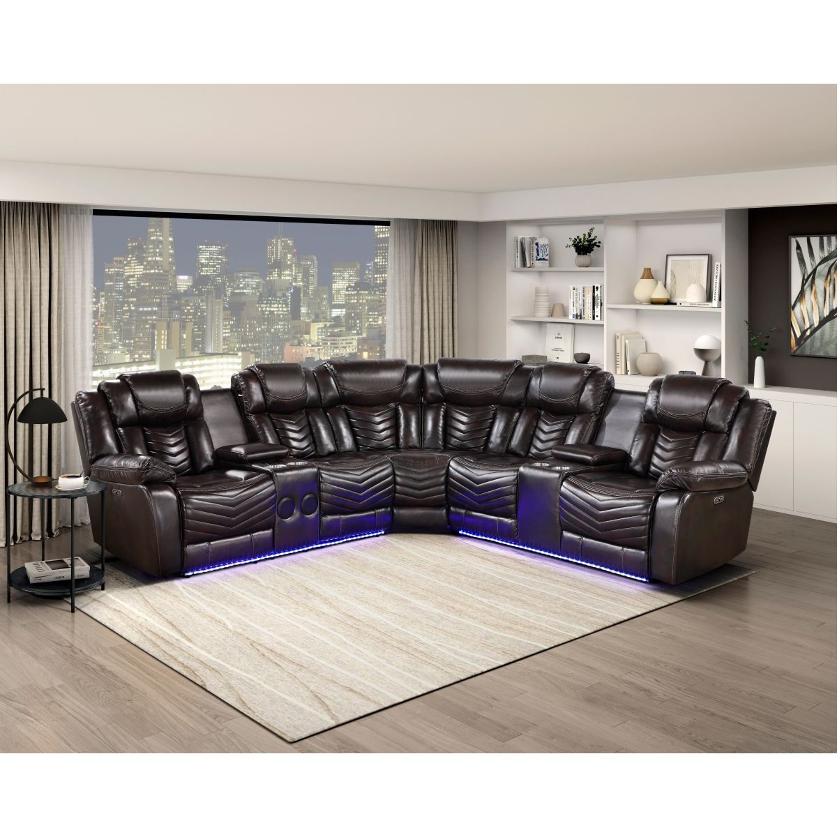 Ramone - 3 Piece Power Reclining Sectional With Consoles, Speakers, Subwoofer And LED Lighting - Brown