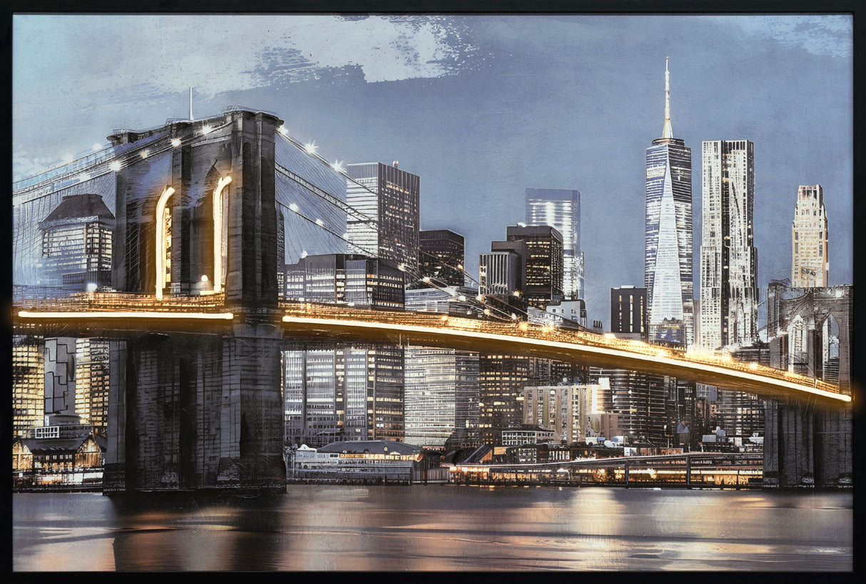 "Urban Glow" Hand-Embellished LED In Frame - Black / Gold / Blue