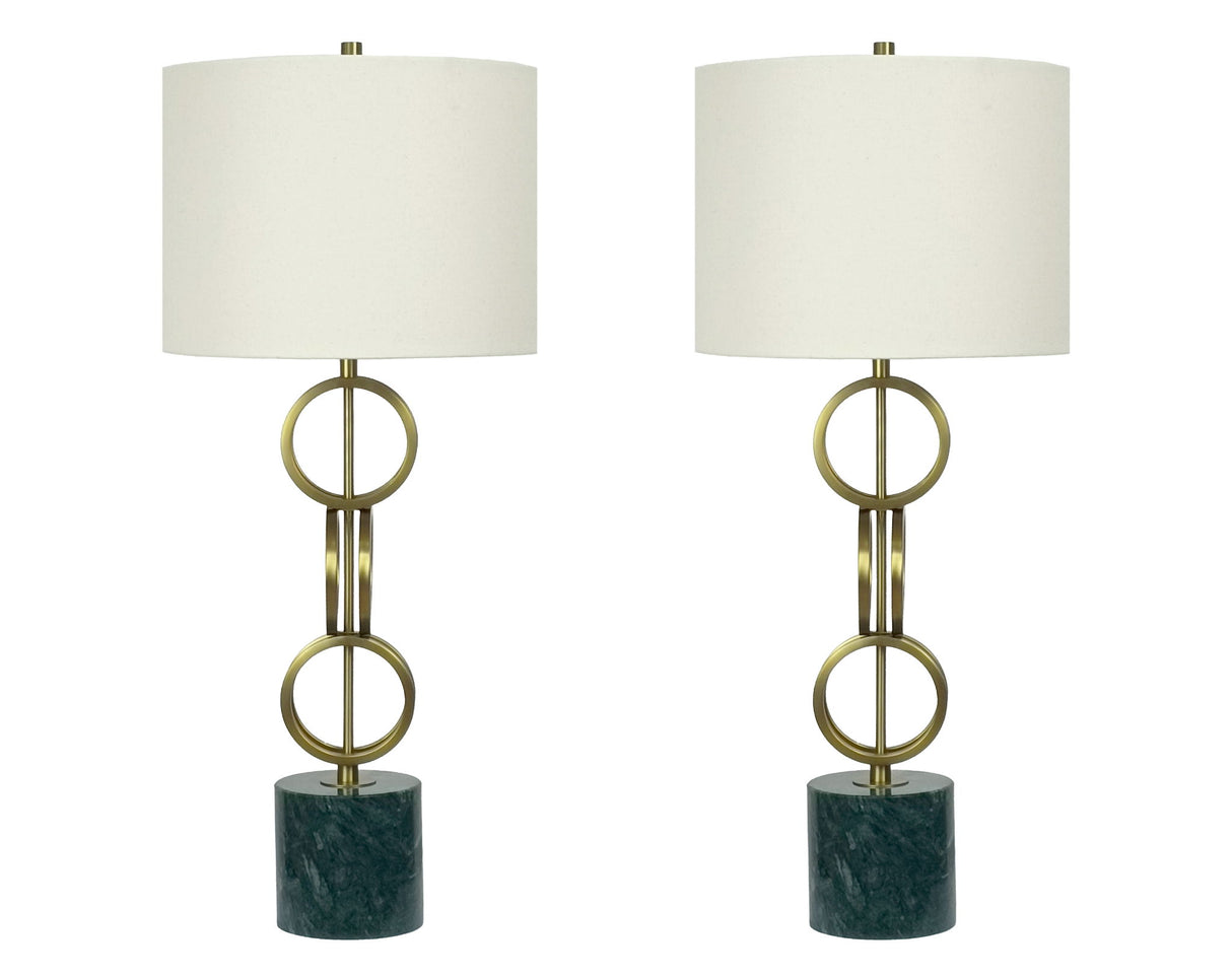 "Marble Harmony" Metal Table Lamp On Marble Base (Set of 2) - Green Marble / Matte Golden Bronze
