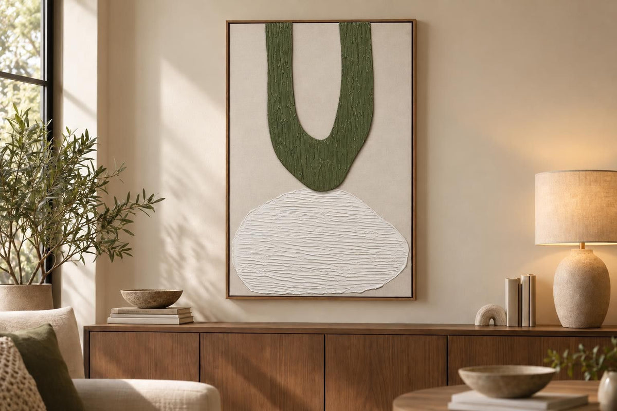 Mosslight Balance II - 32 X 47 - Hand-Painted Neon Canvas In Frame - Olive Green