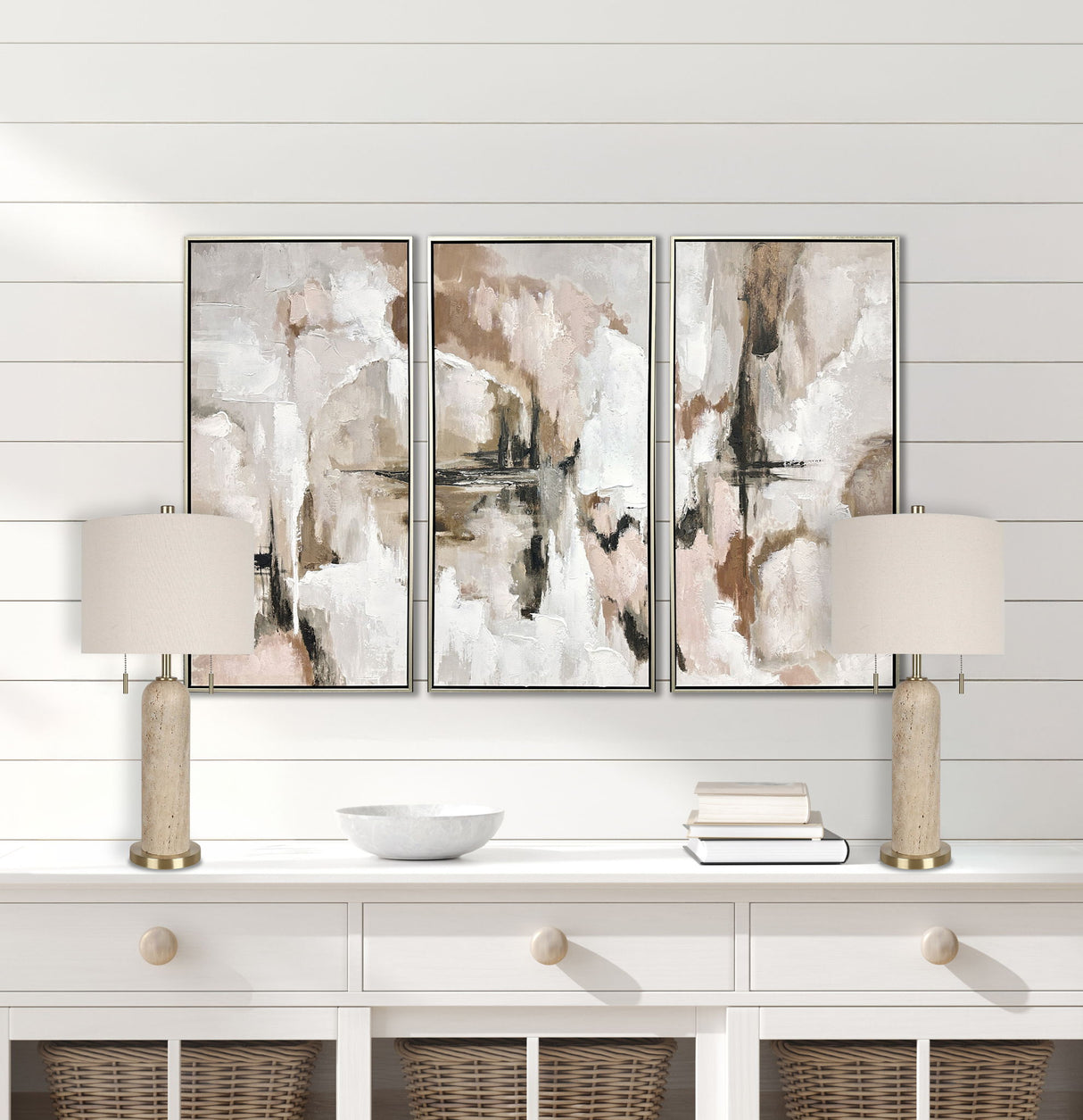 "Travertine Elegance" Travertine Table Lamp (Set of 2) - Travertine / Soft Gold