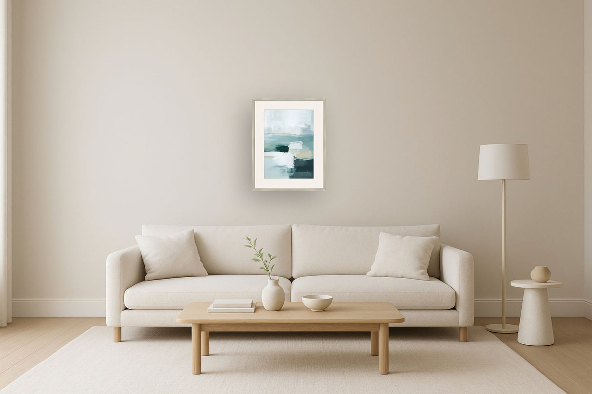 "Tranquil Horizons II" Framed Canvas Under Acrylic - Teal / Beige / Ivory