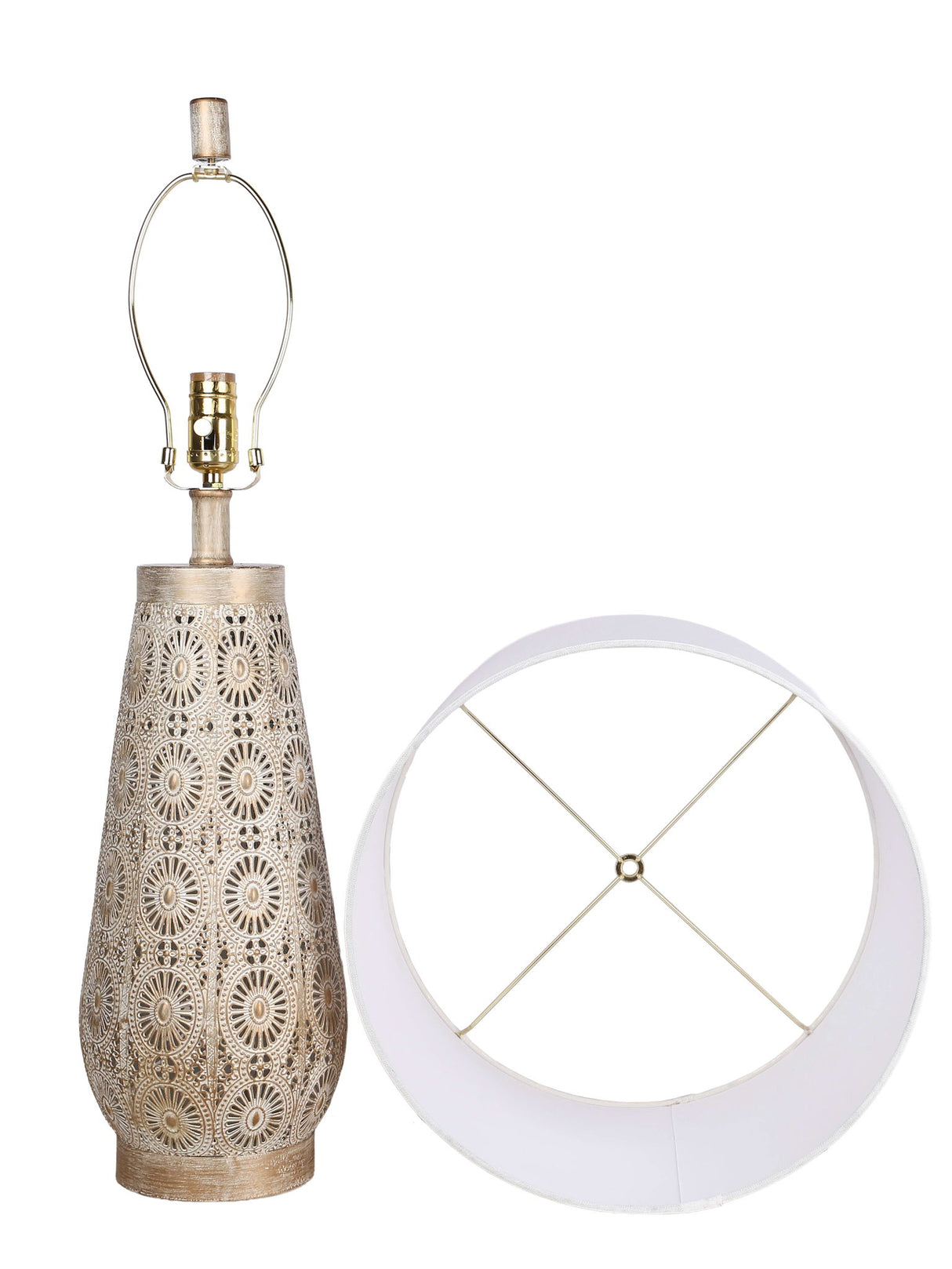 "Celestial Carve" Laser Cut Metal Table Lamp With Night Light (Set of 2) - Distressed White / Distressed Tan