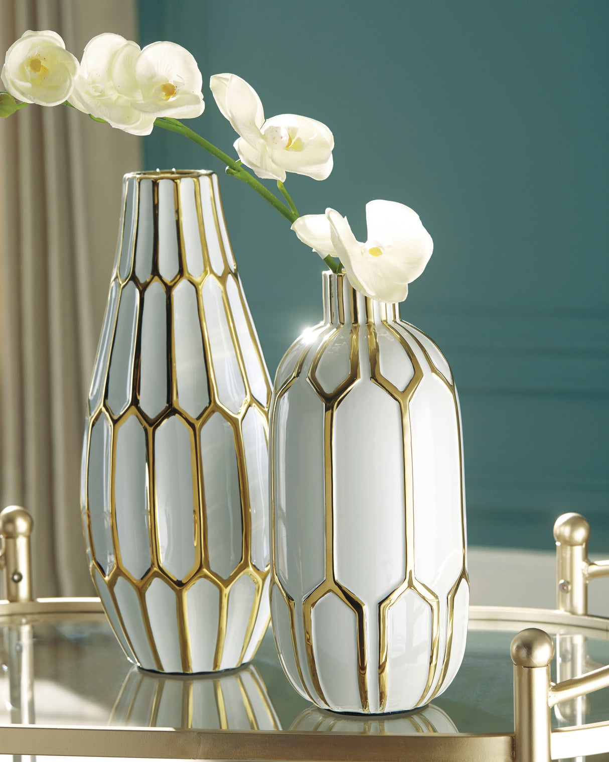Furniture City - MS - Ashley Furniture - Mohsen Vase - Vase Set (Set of 2) / Gold Finish/White - A2000135