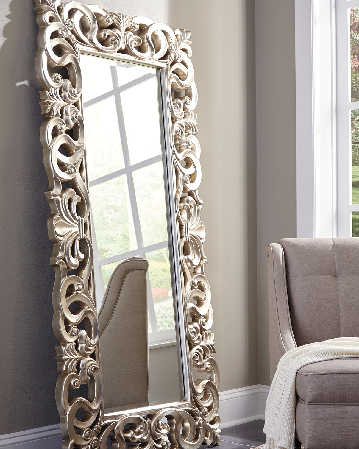 Furniture City - MS - Ashley Furniture - Lucia Mirror - Floor Mirror / Antique Silver Finish - A8010123