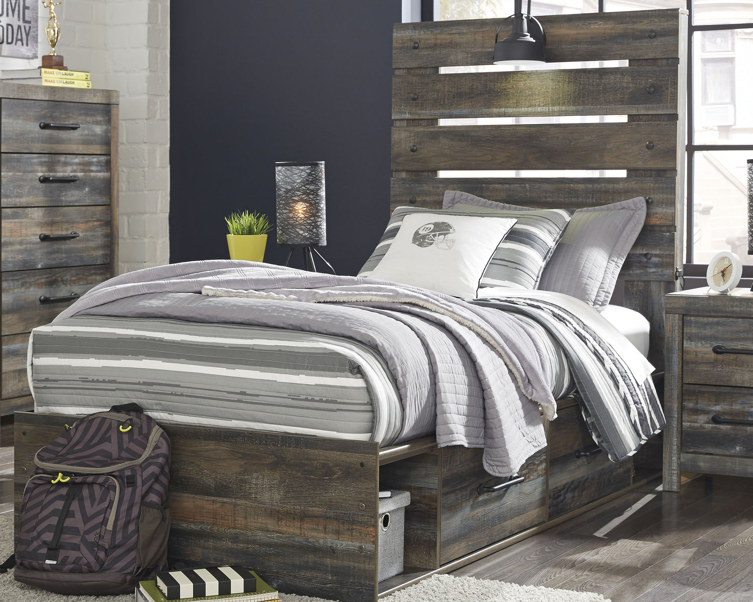 Furniture City - MS - Ashley Furniture - Drystan Bedroom - Twin Panel Bed with 4 Storage Drawers / Multi - B211B11