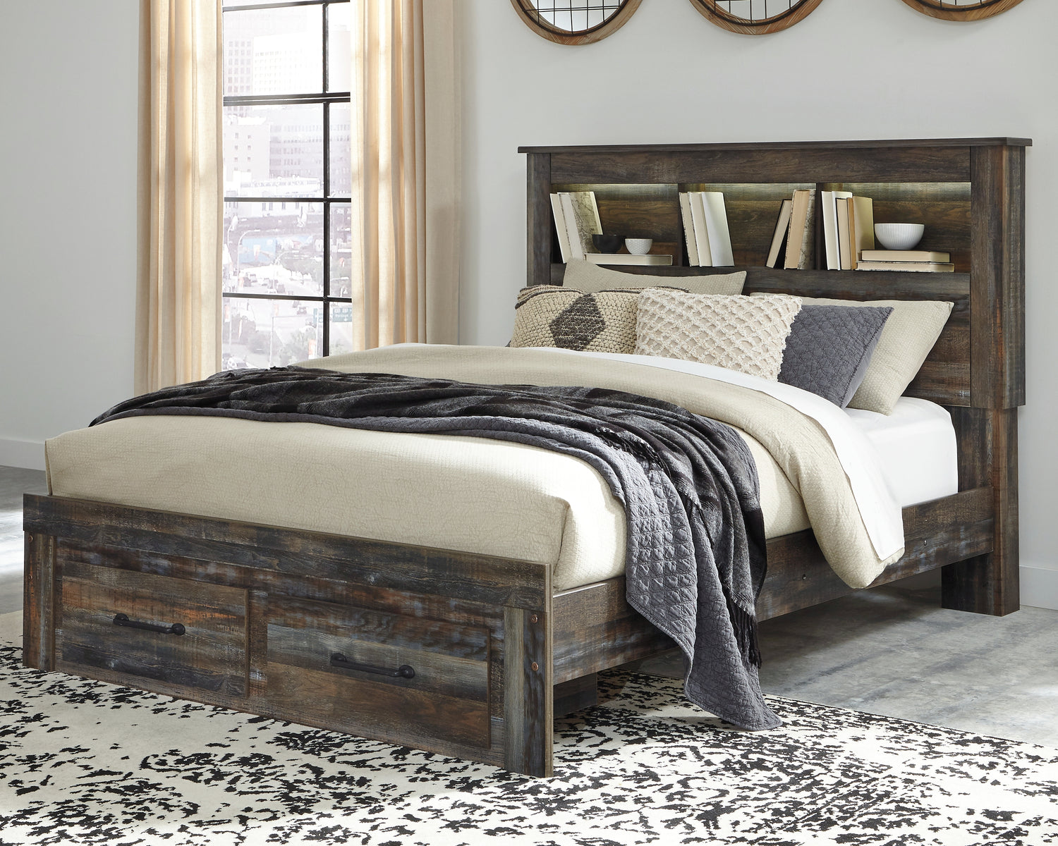 Furniture City - MS - Ashley Furniture - Drystan Bedroom - Queen Bookcase Bed with 2 Storage Drawers / Multi - B211B23