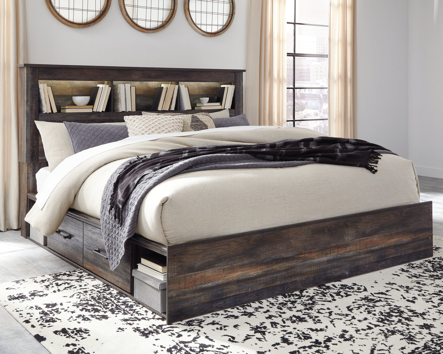Furniture City - MS - Ashley Furniture - Drystan Bedroom - King Bookcase Bed with 4 Storage Drawers / Multi - B211B52