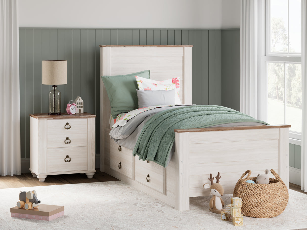 Furniture City - MS - Ashley Furniture - Willowton Bedroom - Twin Panel Bed with 2 Storage Drawers / Whitewash - B267B21