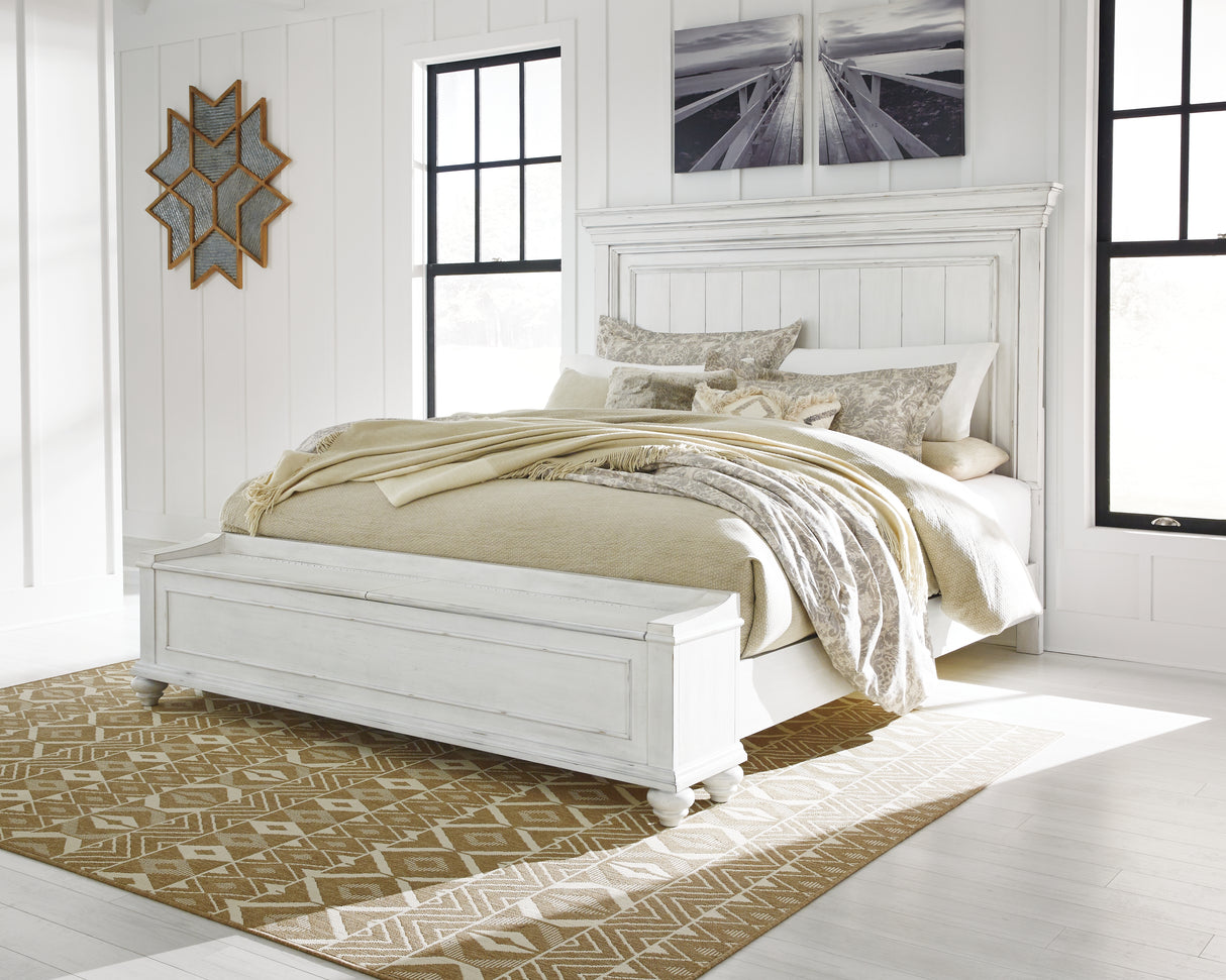 Furniture City - MS - Ashley Furniture - Kanwyn Bedroom - King Panel Bed with Storage Bench / Whitewash - B777B9