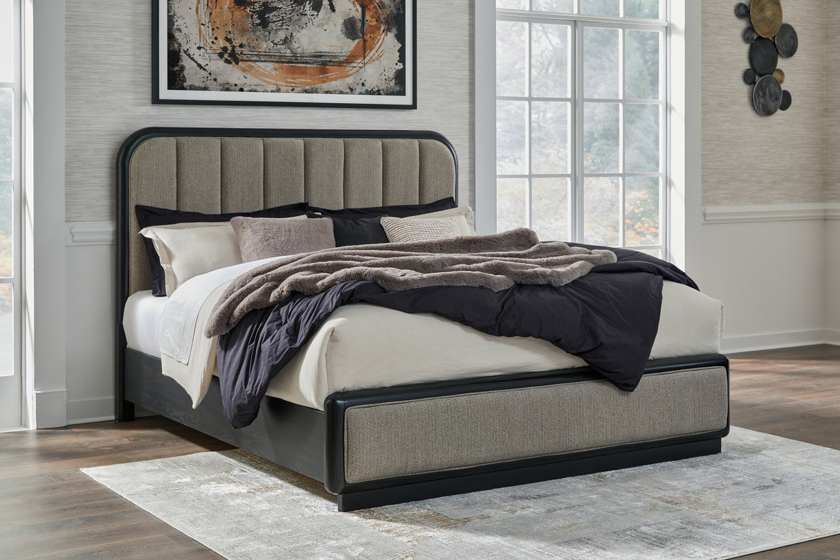 Furniture City - MS - Ashley Furniture - Rowanbeck Bedroom - California King Upholstered Panel Bed / Gray/Black - B821B5