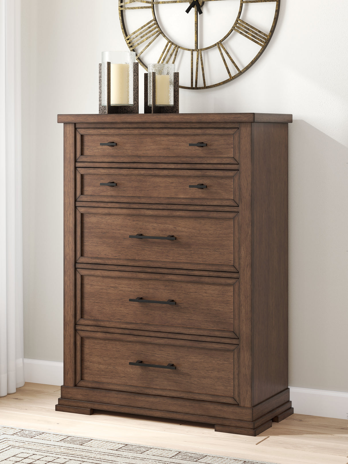 Furniture City - MS - Ashley Furniture - Taffenbrook Bedroom - Five Drawer Chest / Medium Brown - B849-46