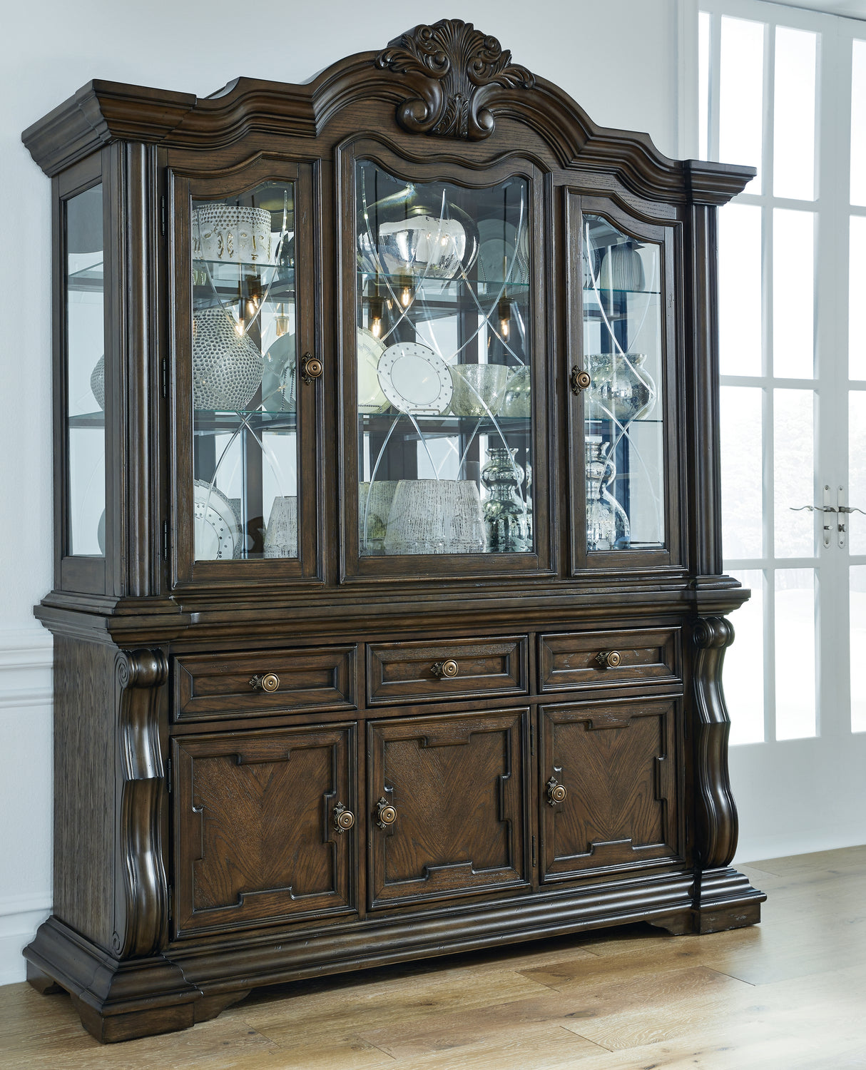 Furniture City - MS - Ashley Furniture - Maylee Dining Room - Dining Buffet and Hutch / Dark Brown - D947D1