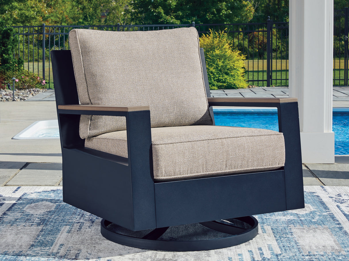 Furniture City - MS - Ashley Furniture - East Beach Outdoor - Swivel Glider Chair w/Cushion / Navy Blue/Driftwood - PCP587-821