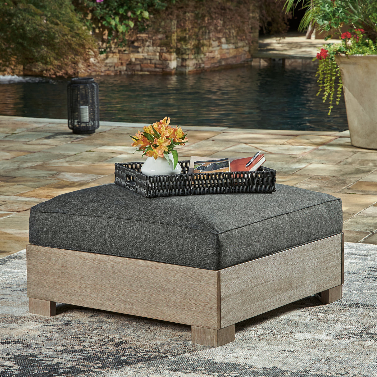 Furniture City - MS - Ashley Furniture - Citrine Park Outdoor - Ottoman with Cushion / Brown/Charcoal - P660-814