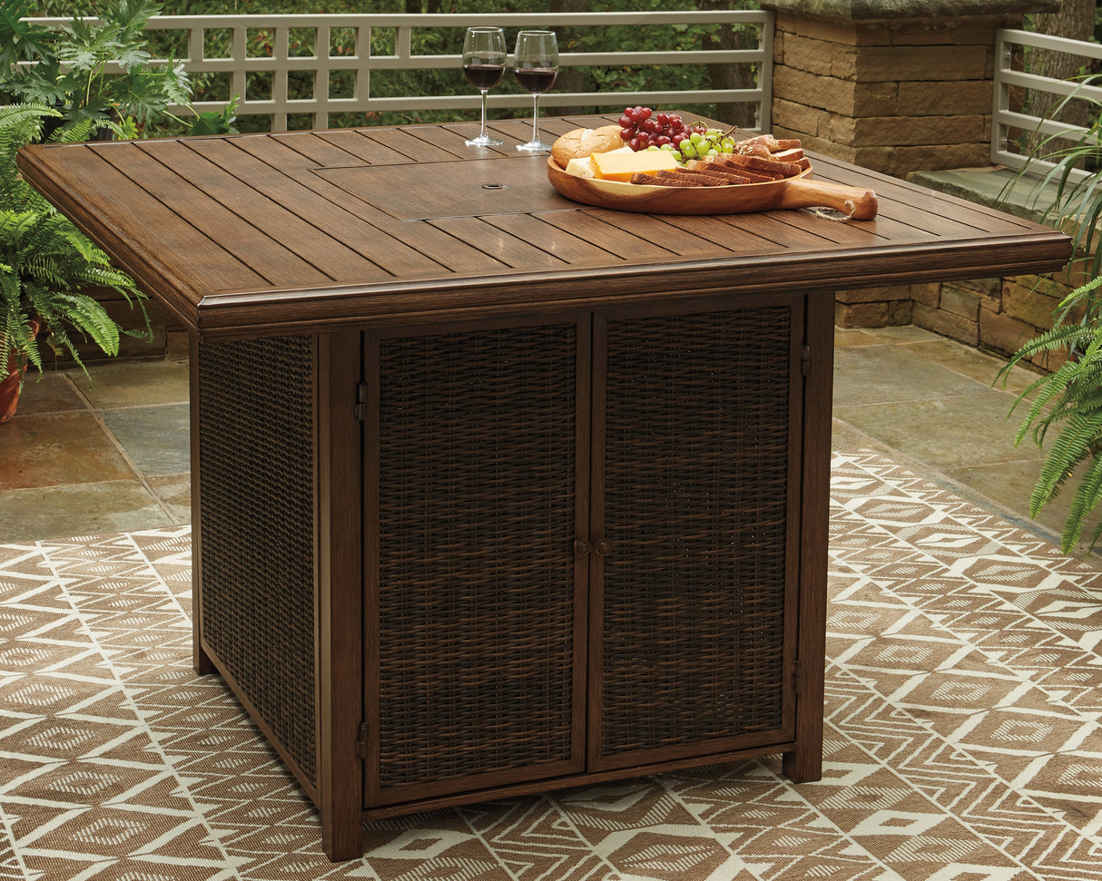Furniture City - MS - Ashley Furniture - Paradise Trail Outdoor - Square Bar Table w/Fire Pit / Medium Brown - P750-665