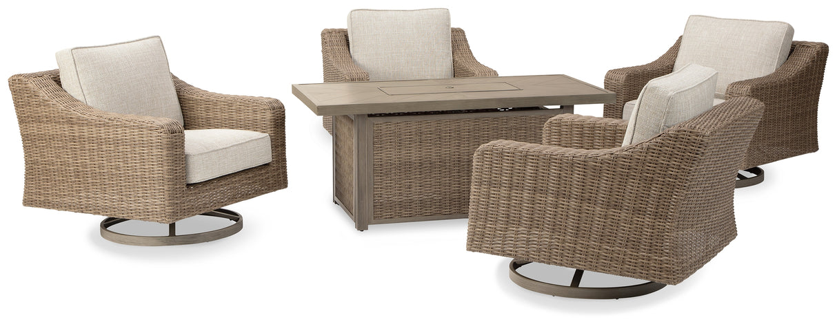 Furniture City - MS - Ashley Furniture - Beachcroft Outdoor - 5-Piece Outdoor Fire Pit Table with 4 Chairs / Beige - P791P17