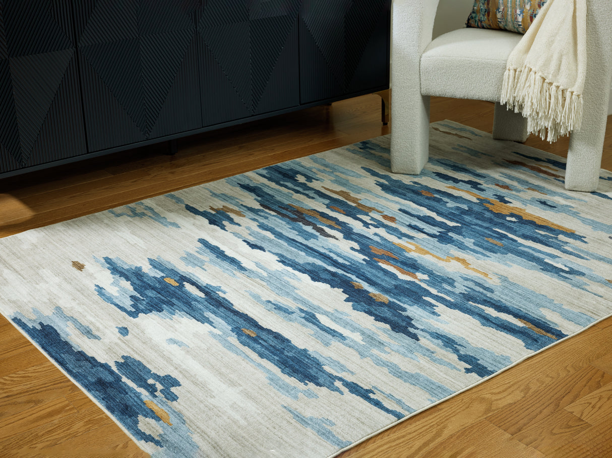 Furniture City - MS - Ashley Furniture - Vinlett Rug - 5' x 7' Washable Rug / Cream/Blue/Brown - R407042