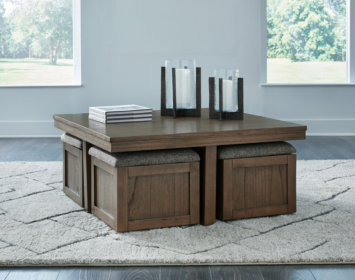 Furniture City - MS - Ashley Furniture - Boardernest Coffee Table with 4 Stools - Cocktail TBL w/4 Stools (5/CN) / Brown - T738-20
