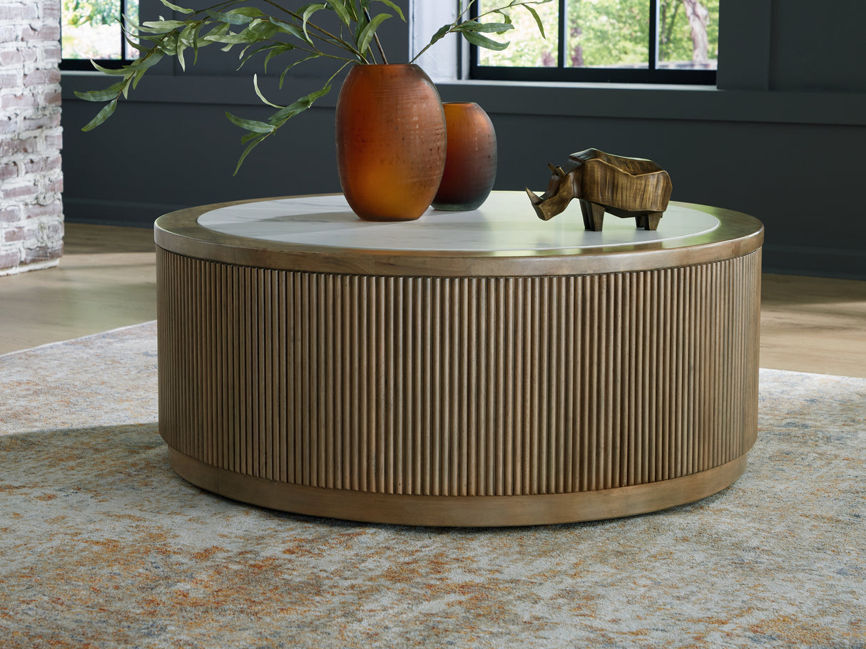 Furniture City - MS - Ashley Furniture - Camdill Coffee Table - Round Cocktail Table / Light Brown/White - T808-8