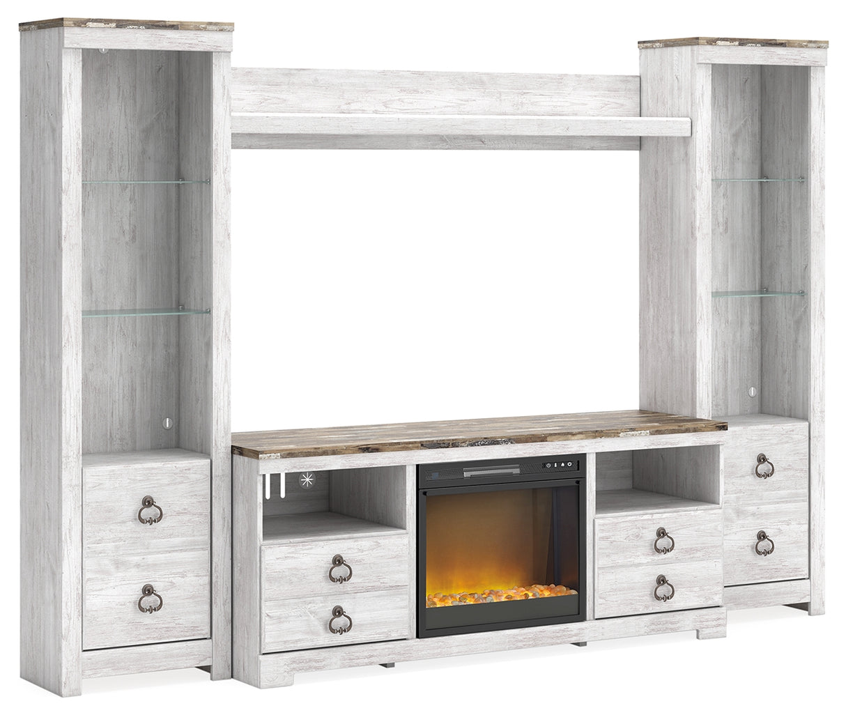 Furniture City - MS - Ashley Furniture - Willowton 4-Piece Entertainment Center with Electric Fireplace - 4-Piece Entertainment Center with Electric Fireplace / Whitewash - W267W4