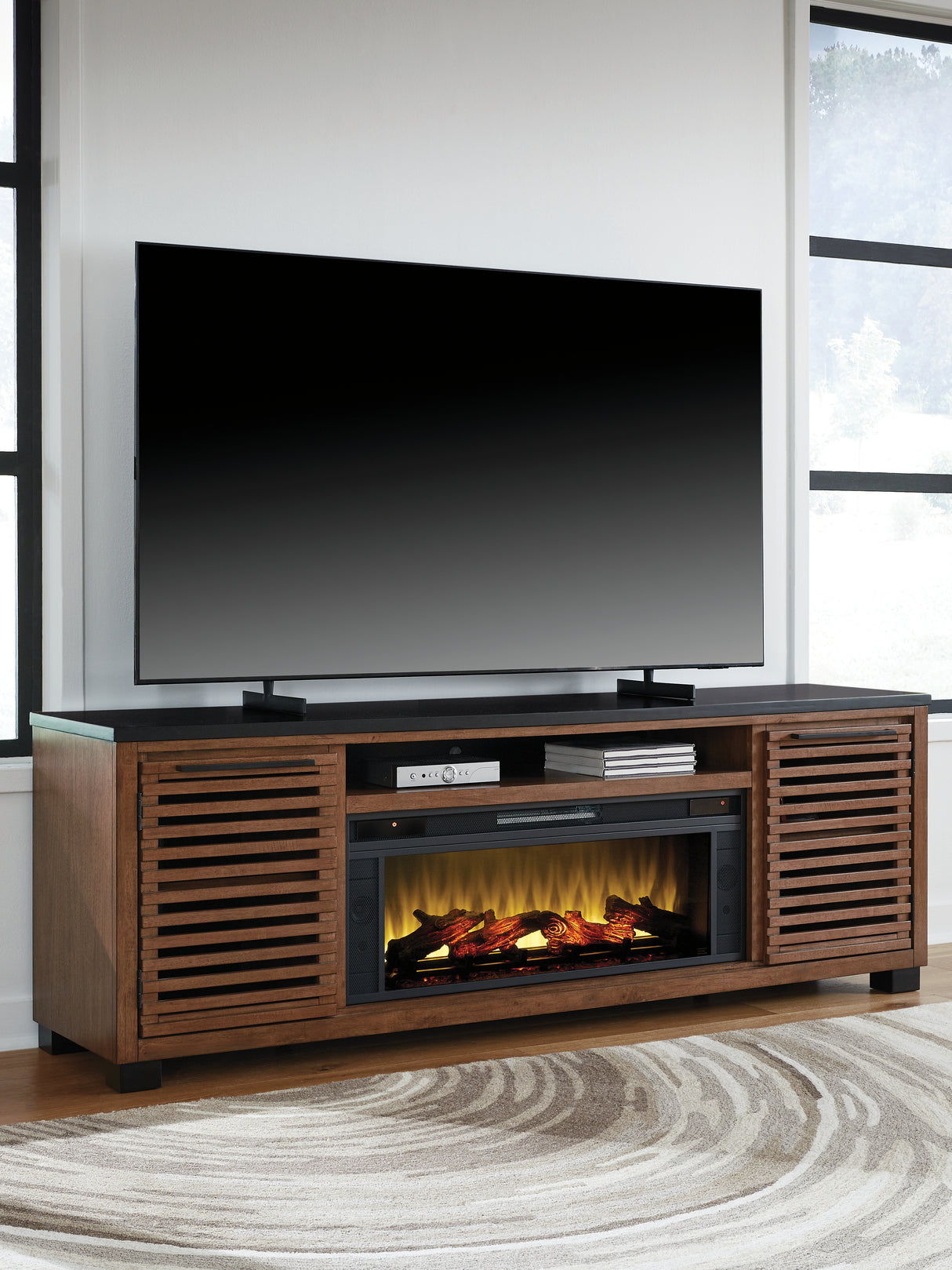 Furniture City - MS - Ashley Furniture - Kallari 84" TV Stand with Electric Fireplace - 84" TV Stand with Electric Fireplace / Warm Brown/Black - W737W1