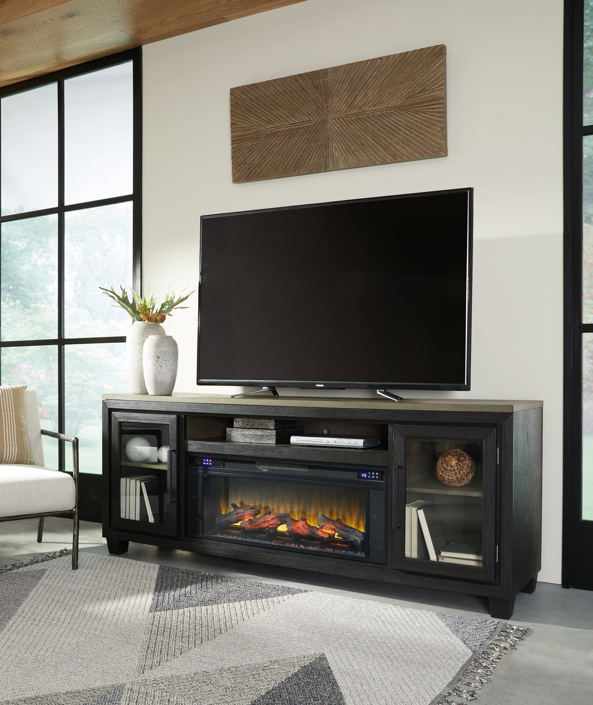 Furniture City - MS - Ashley Furniture - Foyland 83" TV Stand with Electric Fireplace - 83" TV Stand with Electric Fireplace / Black/Brown - W989W1
