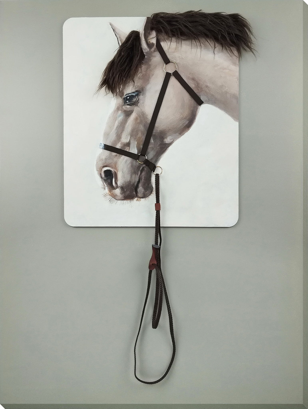 "Equine Elegance" Hand-Painted Canvas With Hair - White / Gray / Black