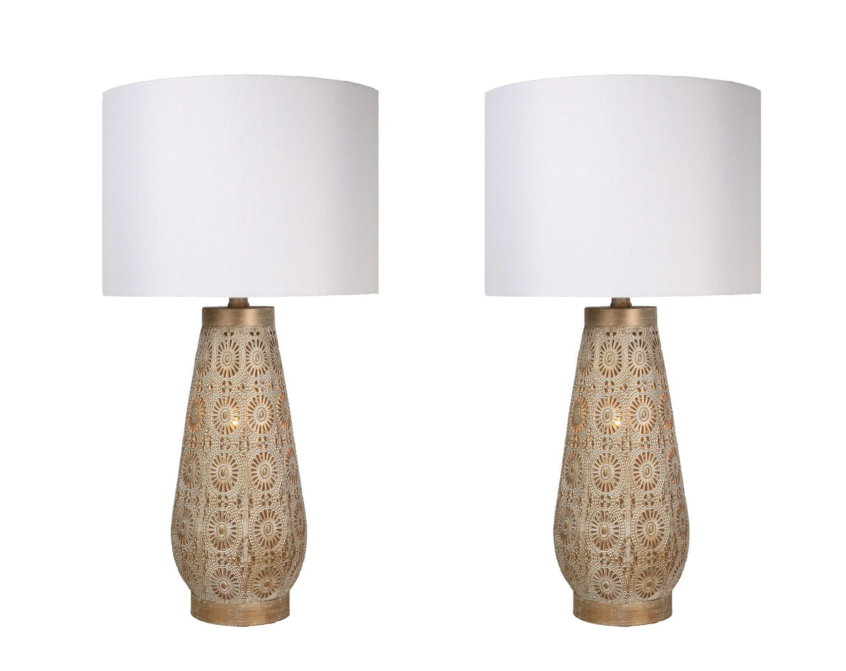 "Celestial Carve" Laser Cut Metal Table Lamp With Night Light (Set of 2) - Distressed White / Distressed Tan