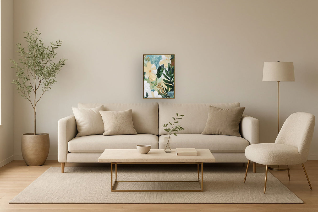 "Floral Serenity II" Hand-Embellished Canvas In Frame - Green / Blue / White