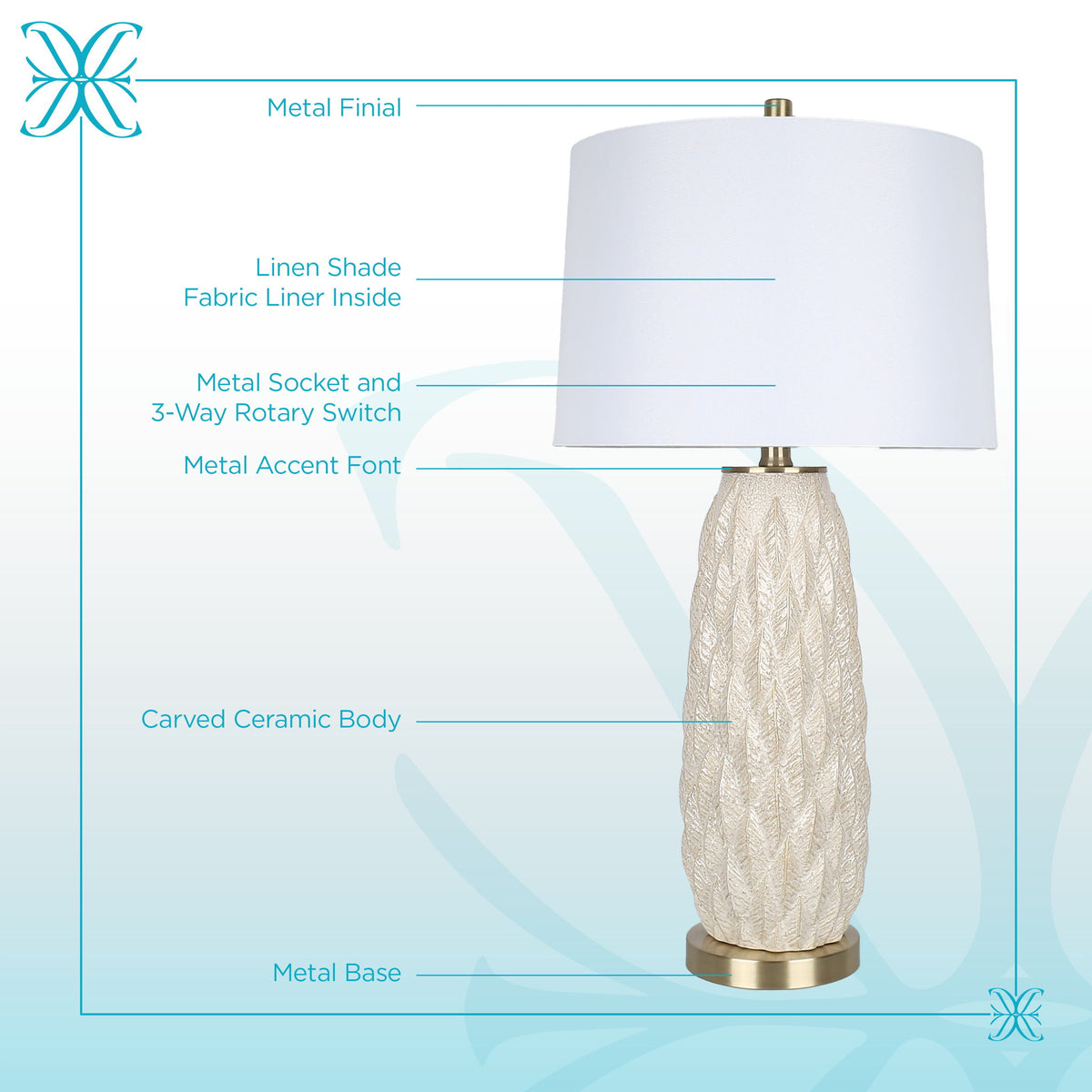 Textured Leaves Carved Ceramic & Metal Table Lamp (Set of 2) - Beige / Soft Gold