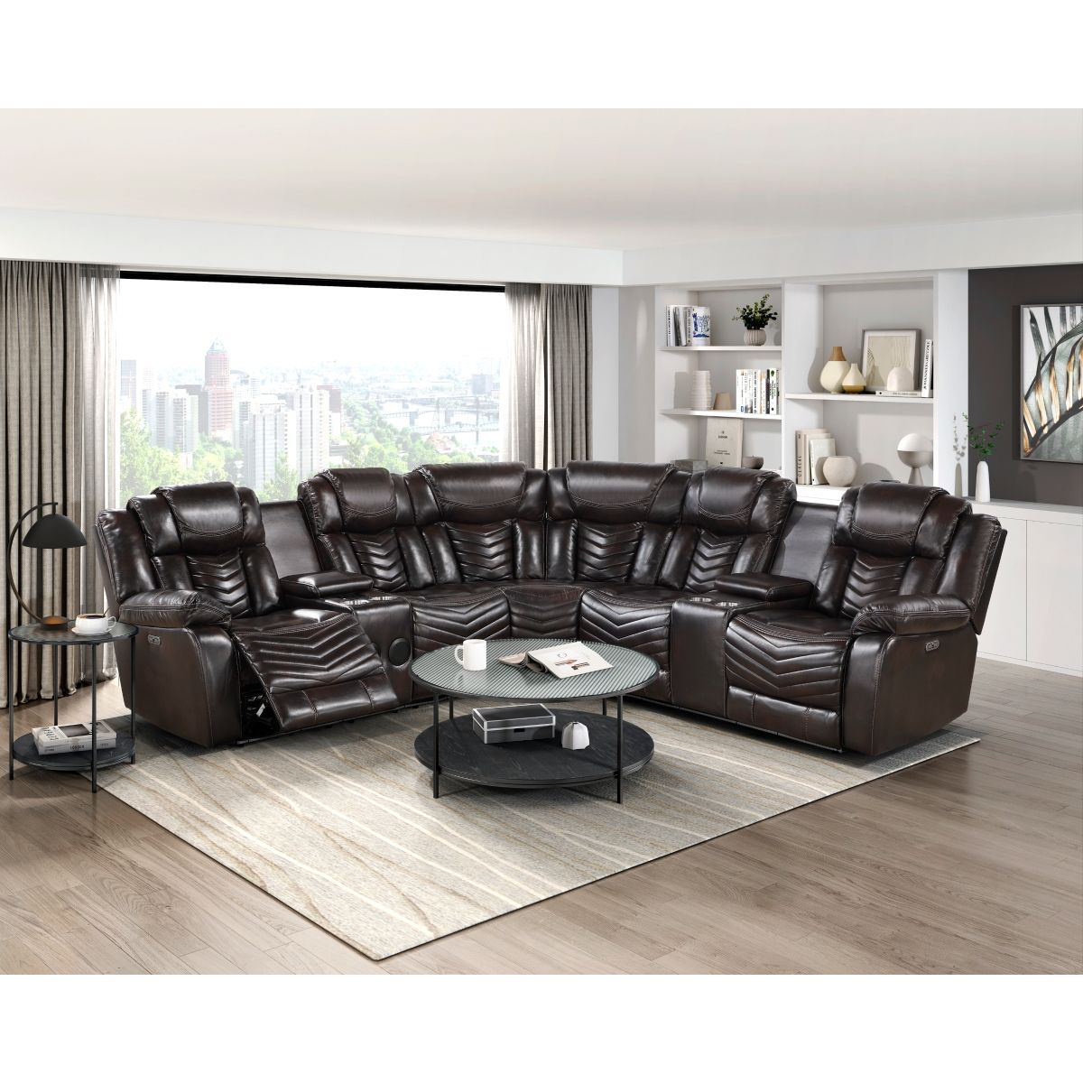 Ramone - 3 Piece Power Reclining Sectional With Consoles, Speakers, Subwoofer And LED Lighting - Brown
