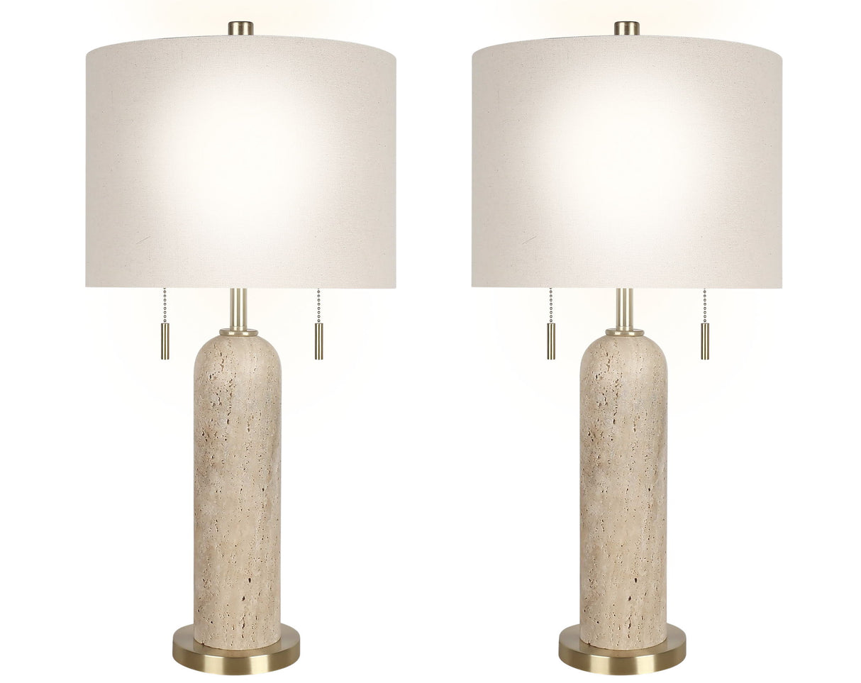 "Travertine Elegance" Travertine Table Lamp (Set of 2) - Travertine / Soft Gold