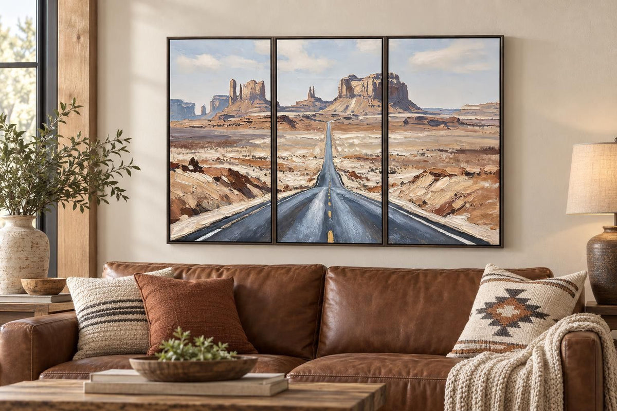 Beyond The Mesas - 20 X 39 - Hand-Embellished Canvas Triptych In Frame - Tan, Rust, Cream, Blue-Gray
