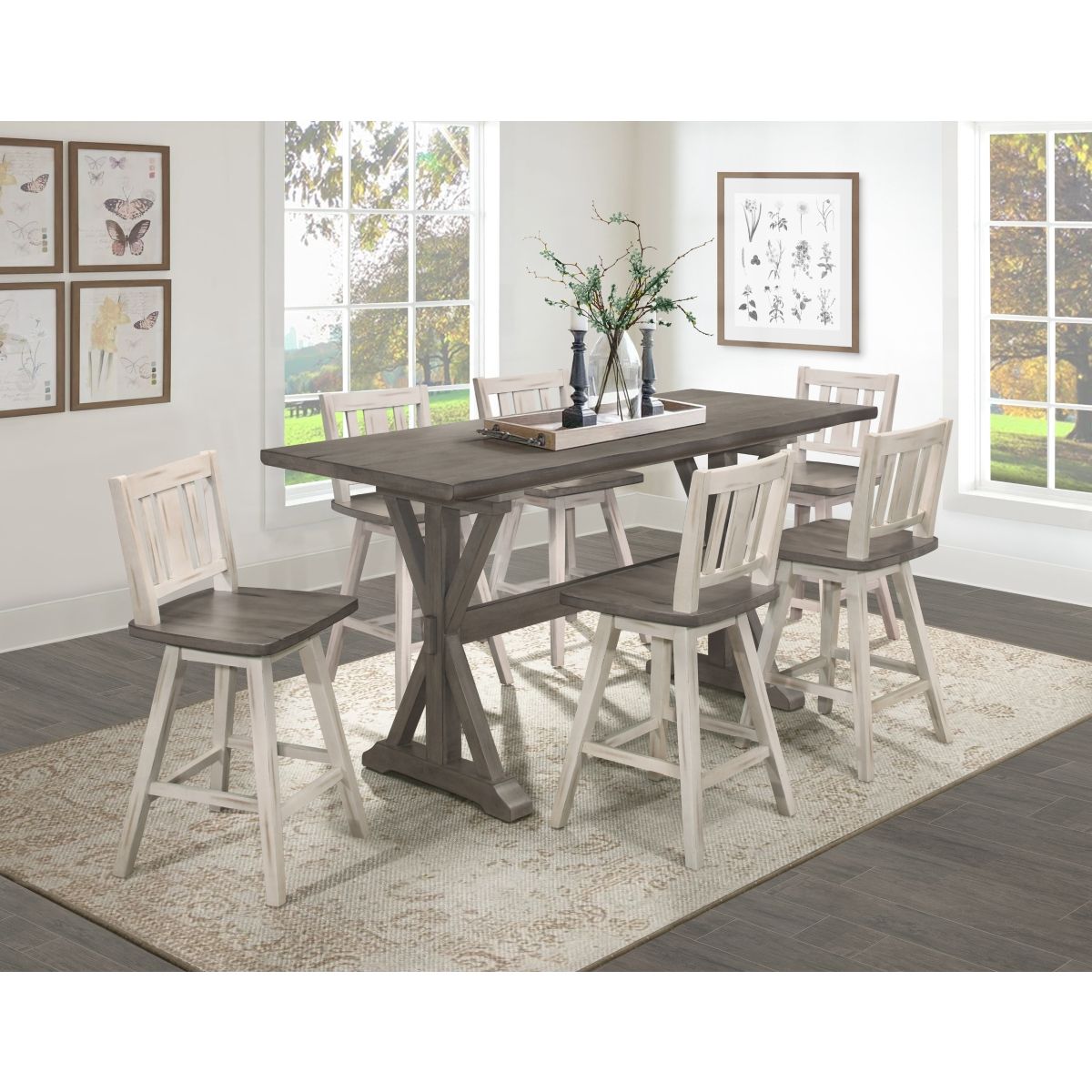 Amsonia - Swivel Counter Height Chair (Set of 2) - White / Distressed Gray