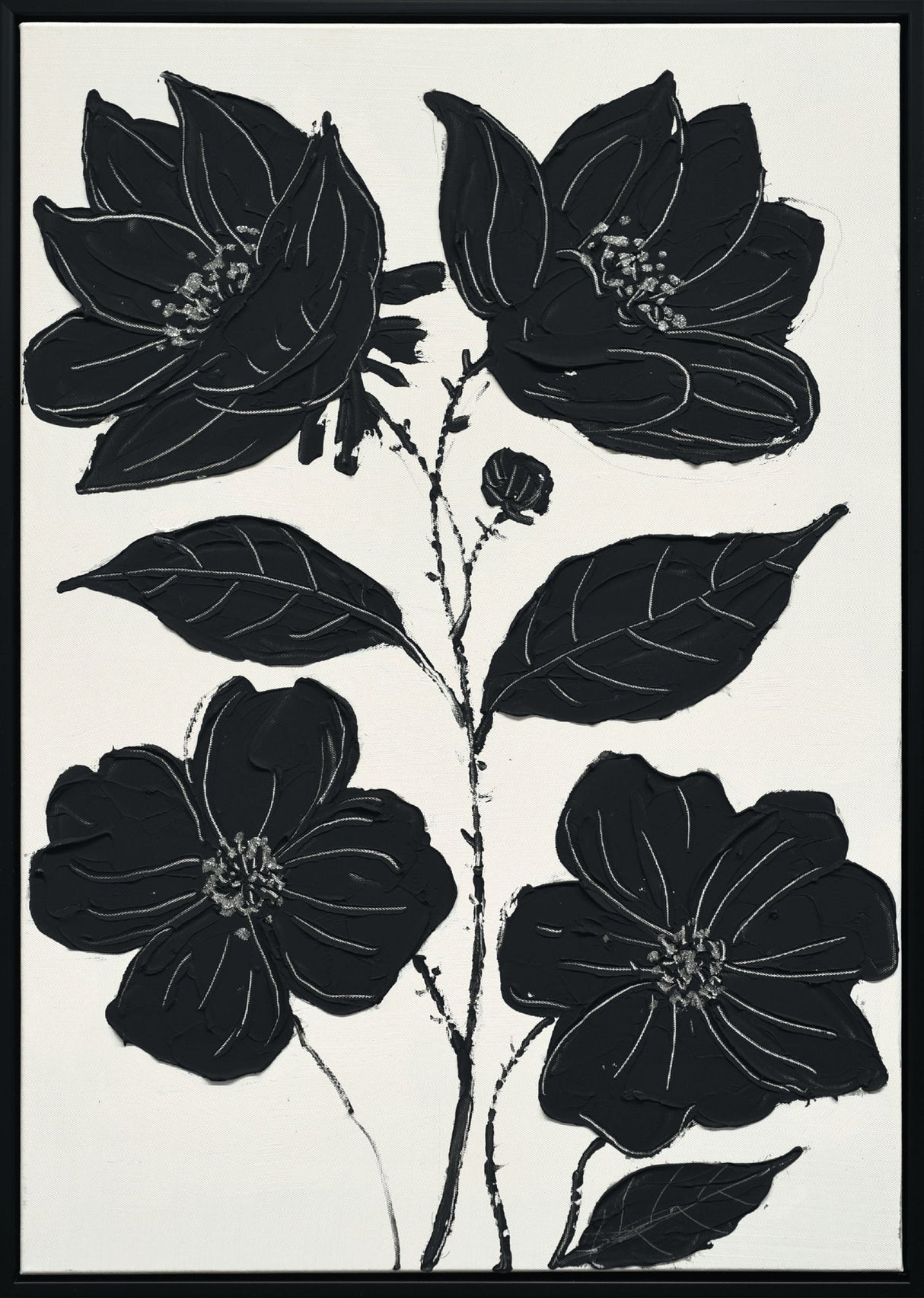 "Nocturnal Blooms I" Hand-Painted Canvas In Frame - Black