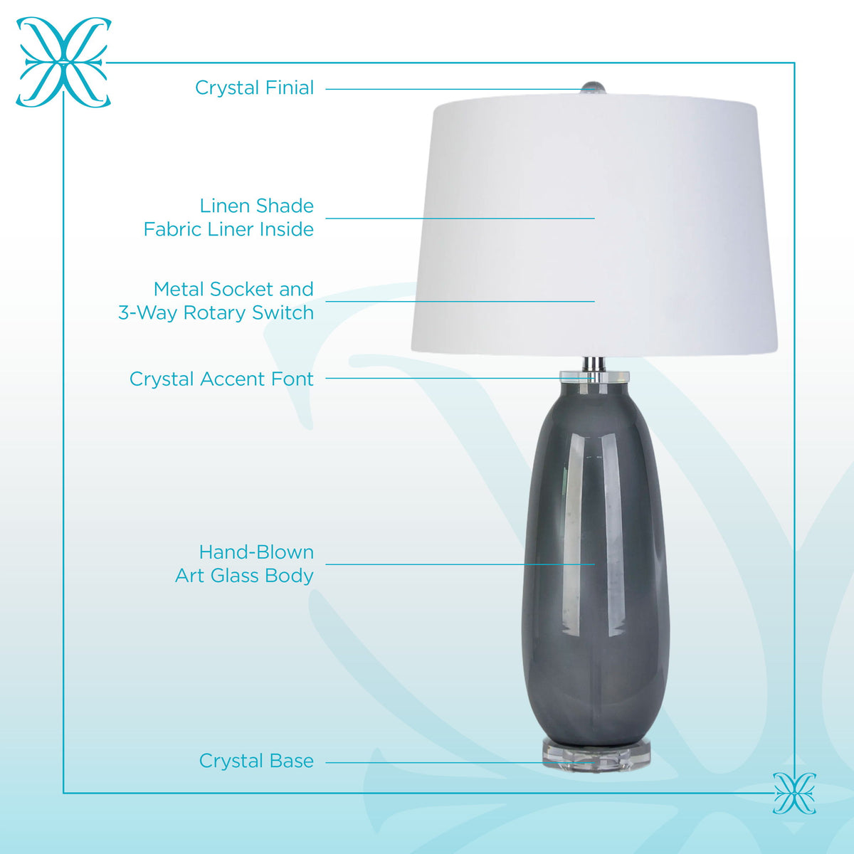 Crystal Breeze Art Glass & Crystal Table Lamp (Set of 2) - Gray Cloud / Clear Crystal