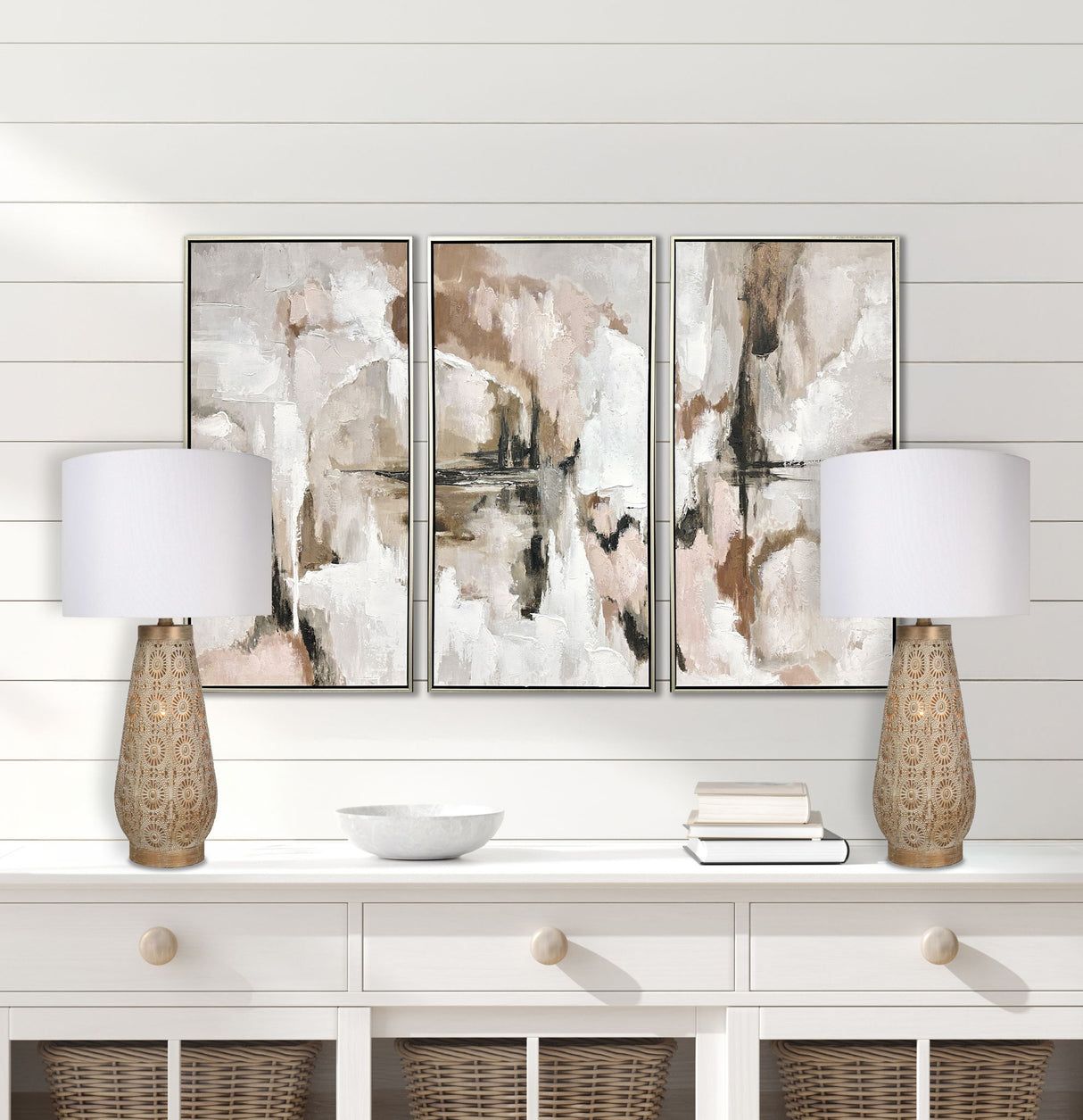 "Celestial Carve" Laser Cut Metal Table Lamp With Night Light (Set of 2) - Distressed White / Distressed Tan