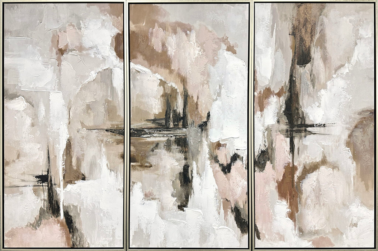 "Ethereal Reflections" Hand-Embellished Canvas Triptych In Frame - Neutral