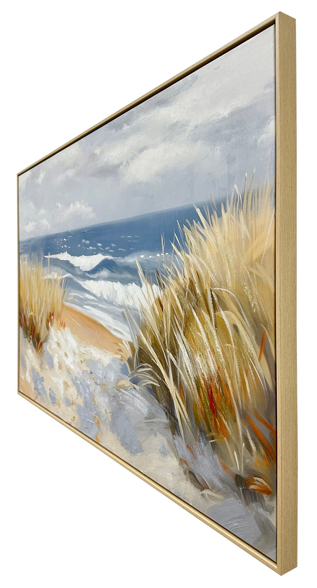 Beyond The Dune Grass - 47 X 32 - Hand-Embellished Canvas In Frame - Blue