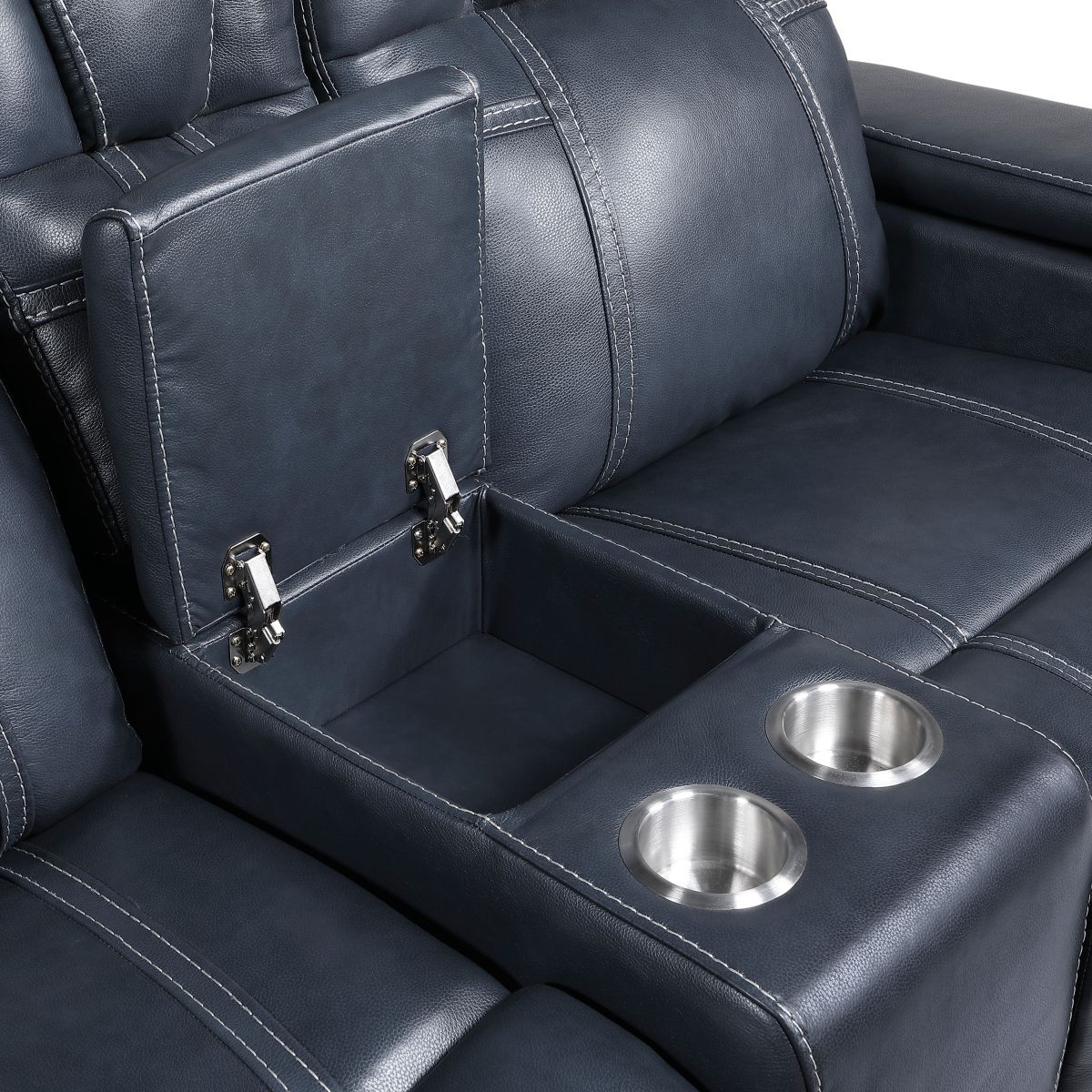 Keziah - Power Double Reclining Loveseat With Center Console, Power Headrests And Storage Arms - Blue