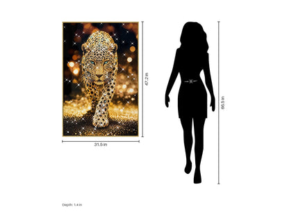 Gilded Leopard Stride - 32 X 47 - Gloss With Foil & Rocks In Frame - Gold, Black
