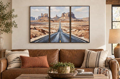 Beyond The Mesas - 20 X 39 - Hand-Embellished Canvas Triptych In Frame - Tan, Rust, Cream, Blue-Gray