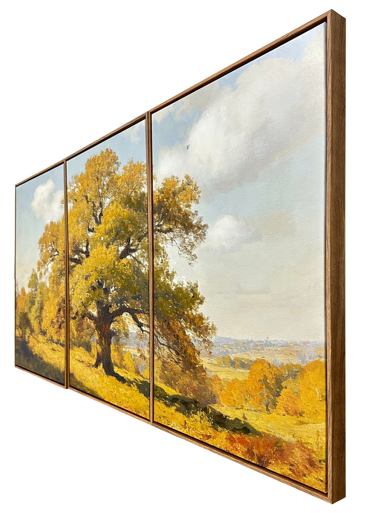 Beneath The Amber Boughs - 24 X 30 - Hand-Embellished Canvas Triptych In - Gold, Green, Pale Blue