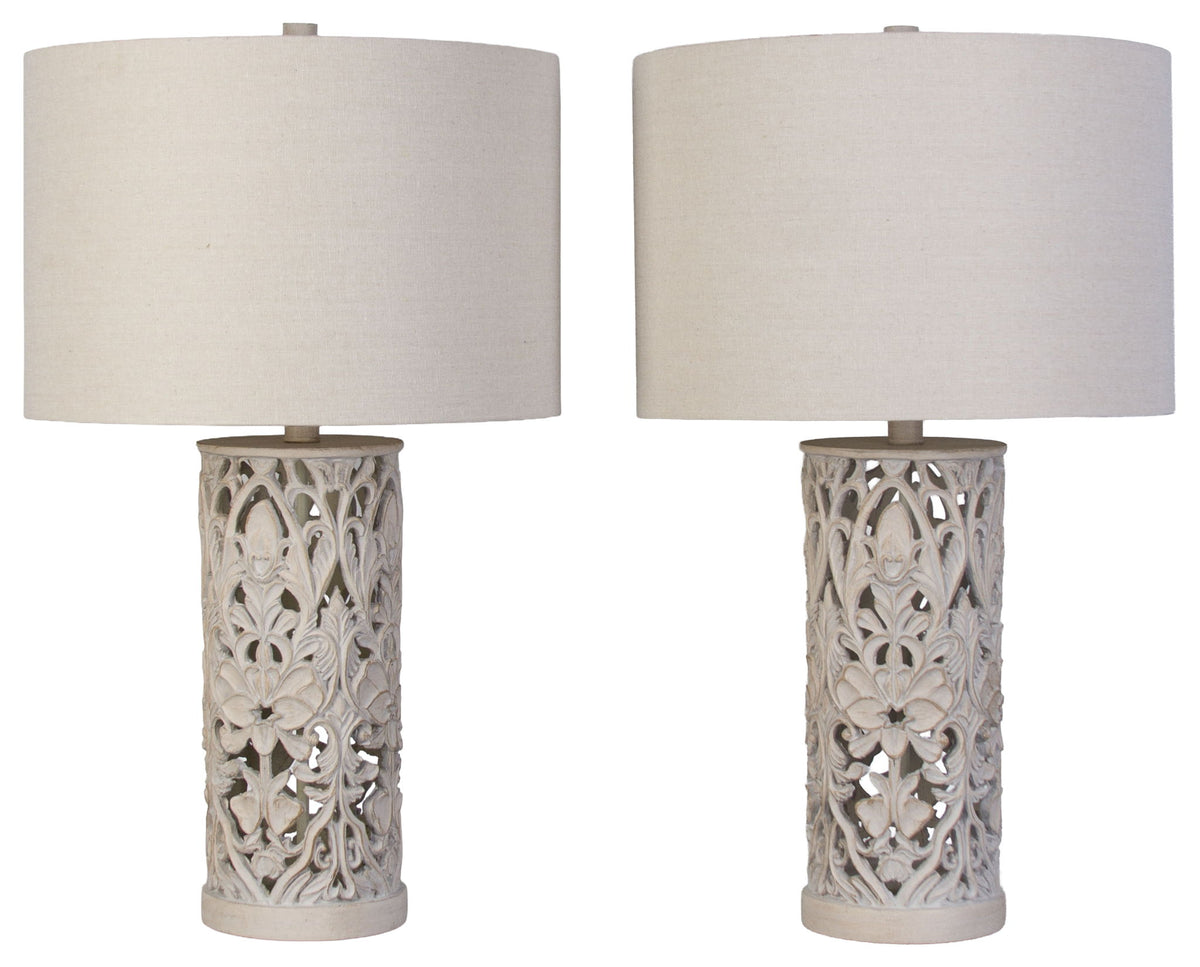 Ivory Trellis - 26 X 15 - Polyresin Table Lamp (Set of 2) - Distressed White