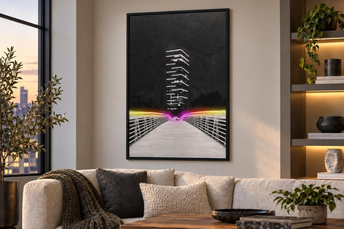 Electric Promenade - 32 X 48 - Hand-Embellished Color Changing Neon Canva - Black